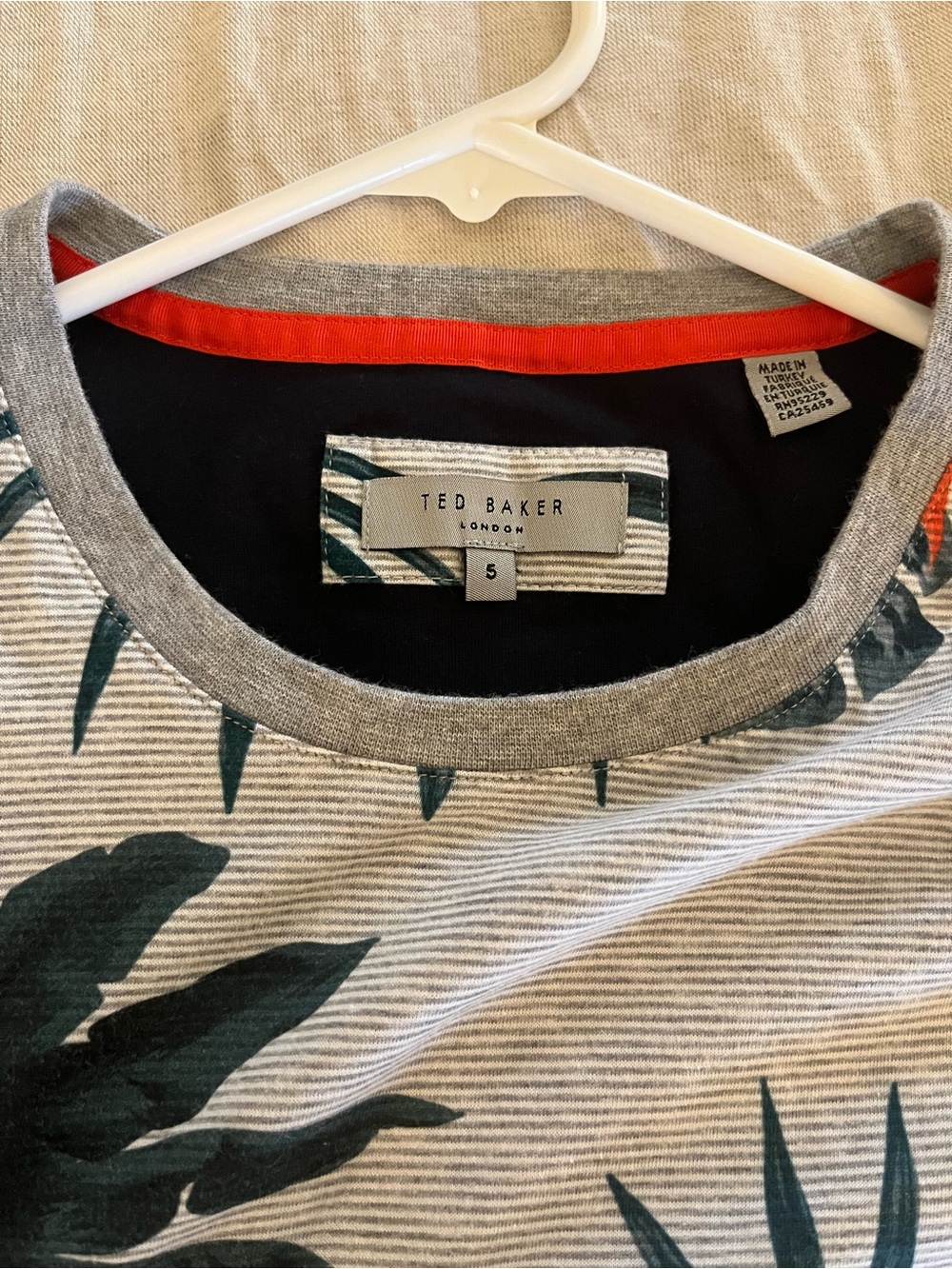 Ted Baker Grey Striped Tee with Green Tropical Leaf Print and Red Neck Trim